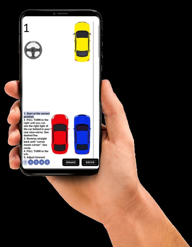 Hand holding phone showing the Parallel Parking App