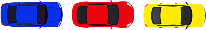 Top-down view of the blue, red and yellow cars used in the app